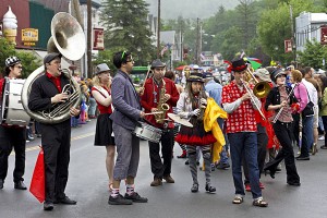 Photograph by Catskill photographer Michael Gadomski of the Hungry March Band performing in the 2011 Livingston Manor NY Trout Parade.